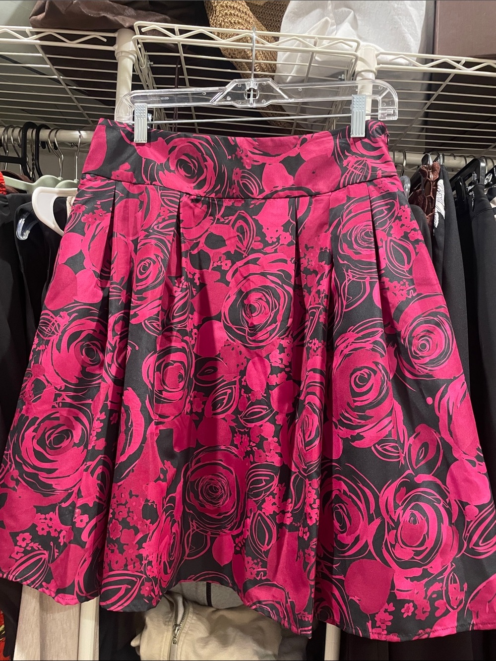 Papaya Silk Black Skater Skirt with Fuchsia Rose Print